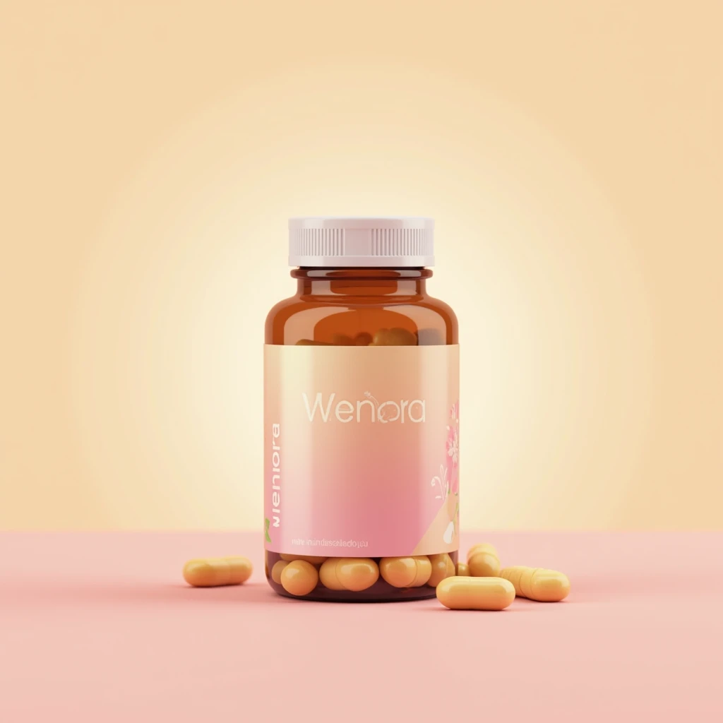 Stylized Wenora supplement bottle illustration with soft gradient labeling